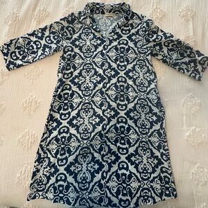 Terzo Millennio Dress Ivory Blue Floral 100% Linen Shift 3/4 Sleeve Italy SZ L